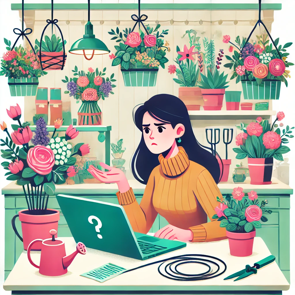 A vector image of a female flower shop owner looking at a laptop with a confused expression