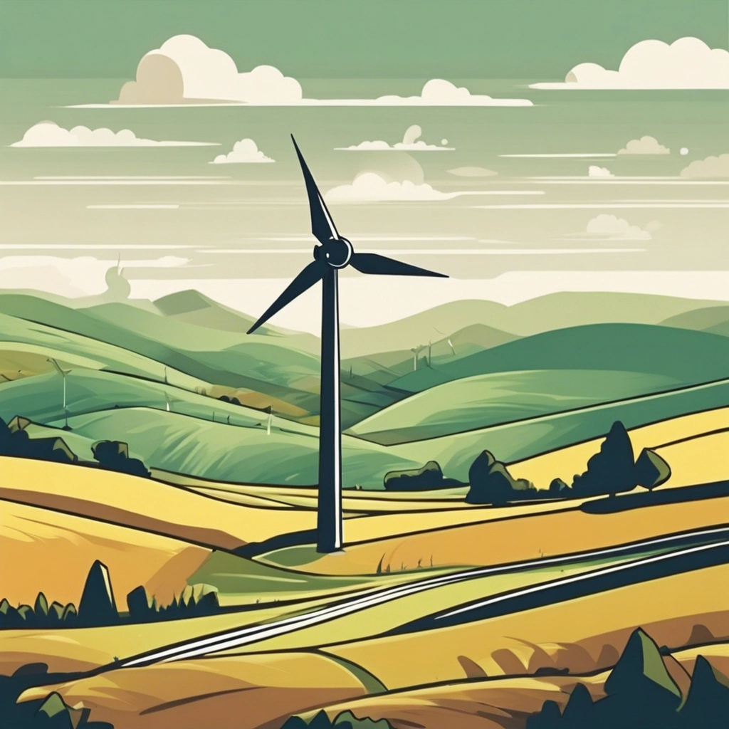 a wind turbine amongst some rolling hills