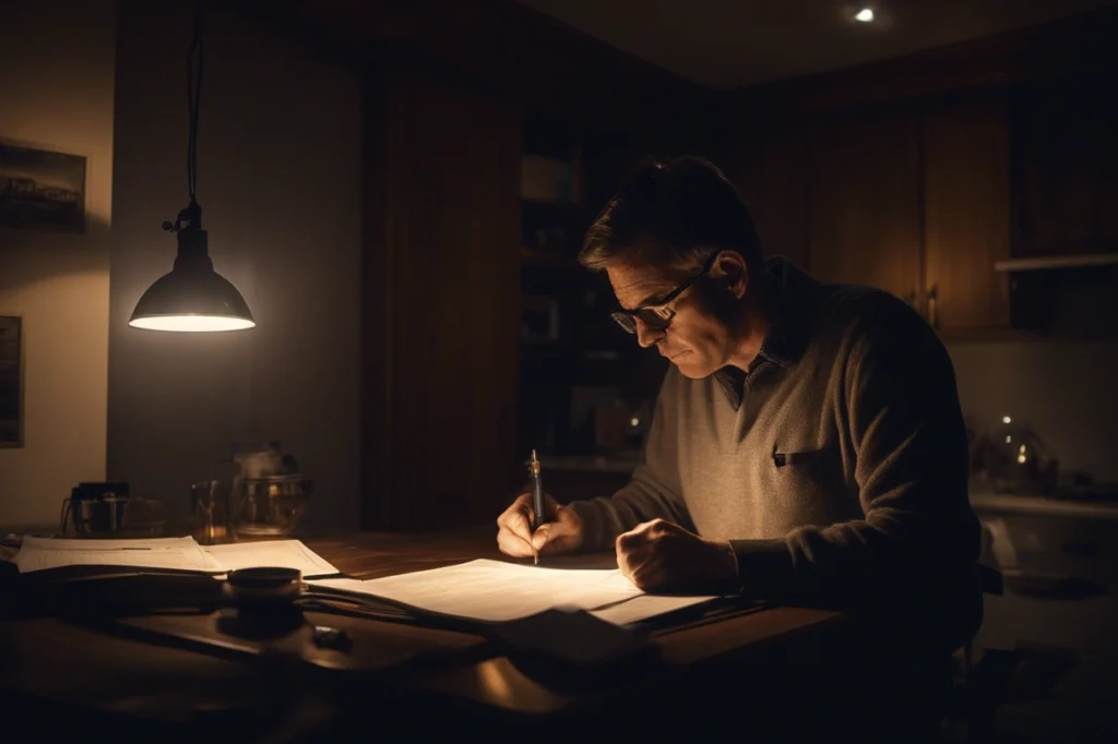 A man inspects his Energy bill which is illuminated by a light